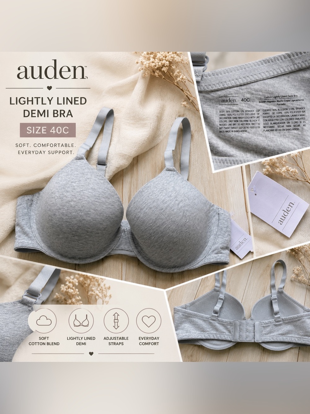 NWT Auden 40C Lightly Lined Demi Bra Gray Heather Soft T-Shirt Bra